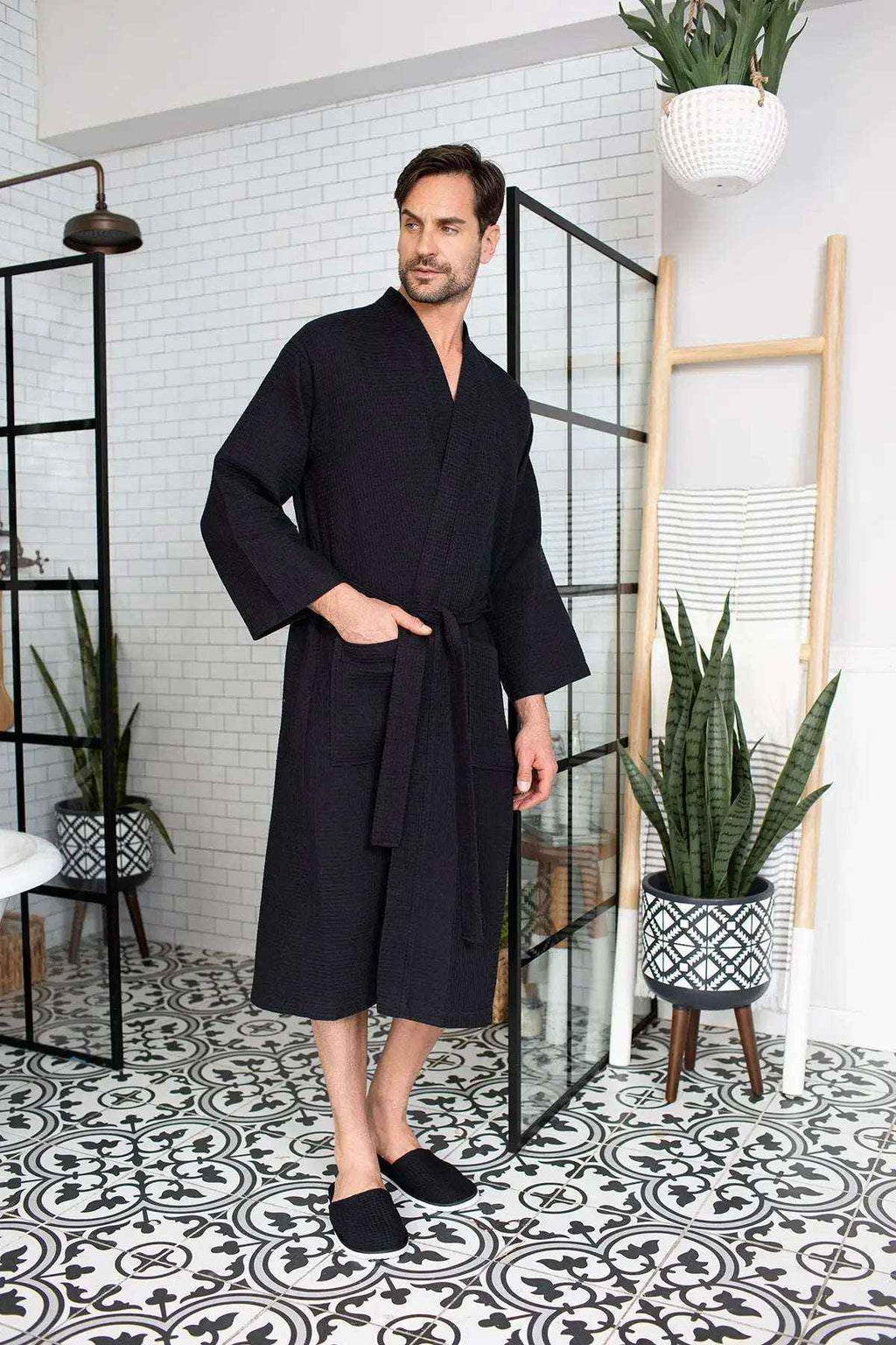 Men's Waffle Spa Bathrobe - Quick Dry, Lightweight Kimono