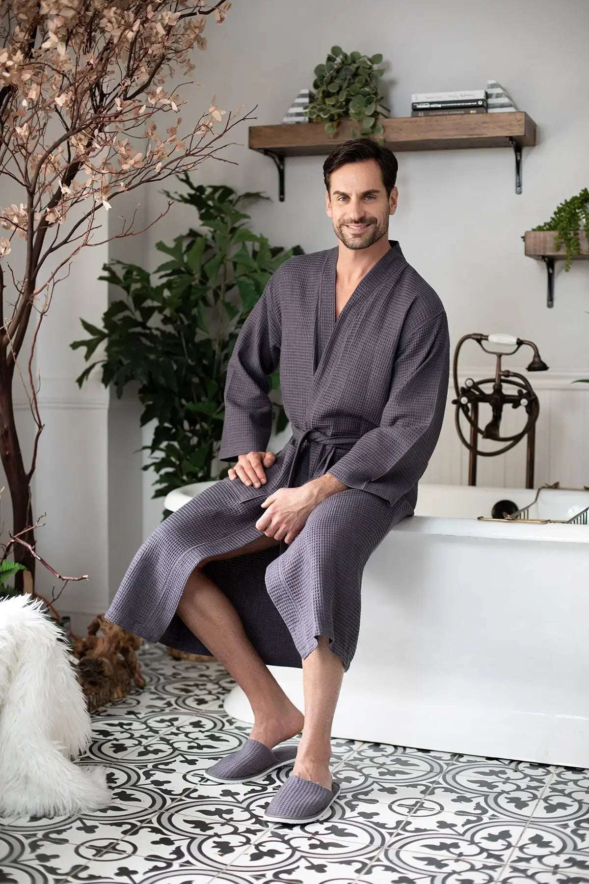 Men's Waffle Spa Bathrobe - Quick Dry, Lightweight Kimono