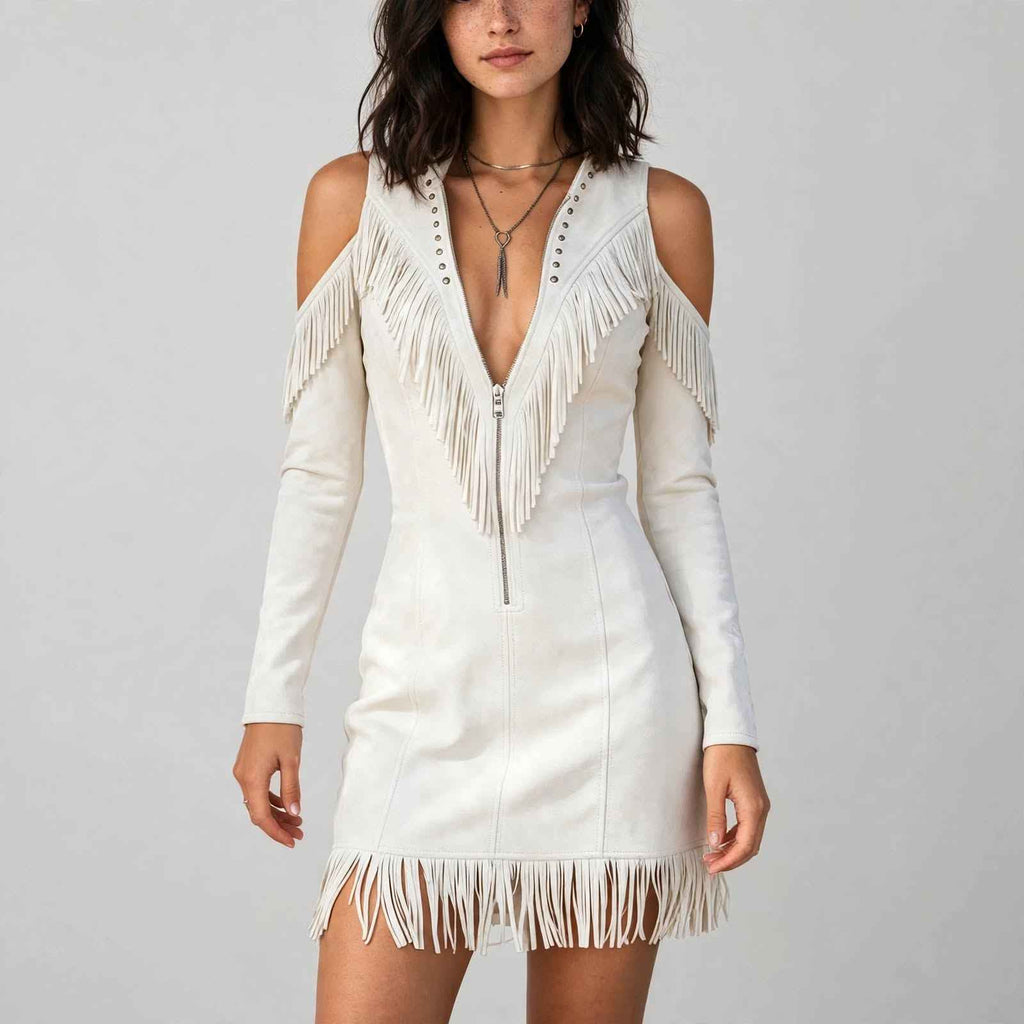 Retro Western Slim Fit Wrap Dress with Tassel, Zipper Front, Fringe & V-Neck