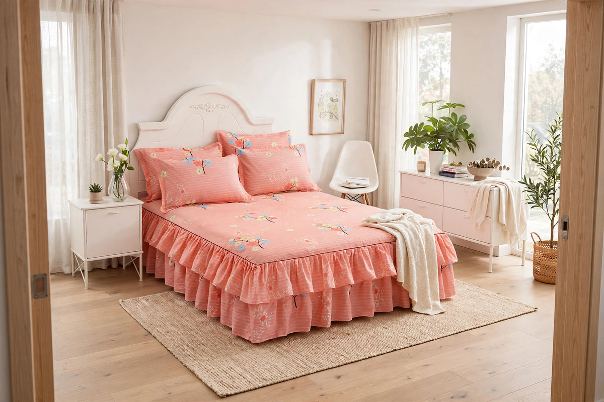 Luxury Floral Ruffle Bed Skirt Set - Double Ruffle Bedspread with 4 Pillowcases - Pink Floral Bedding Set - Soft Breathable Bed Skirt Cover