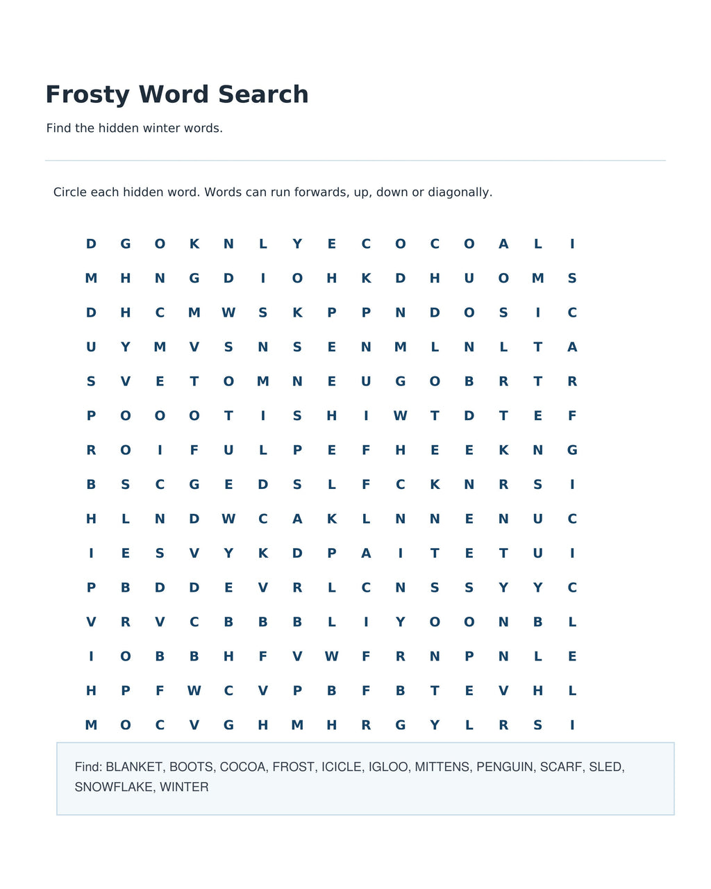 Frosty Word Search actual corrected page 04 from Winter Snow Day Adventure PDF, with fully visible letter grid and word list