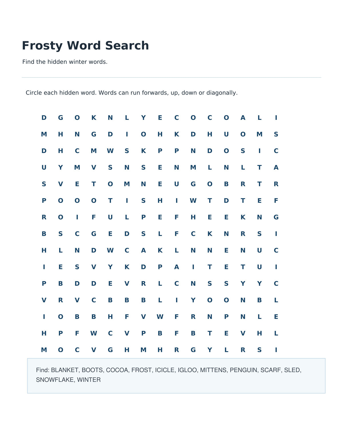 Frosty Word Search actual corrected page 04 from Winter Snow Day Adventure PDF, with fully visible letter grid and word list