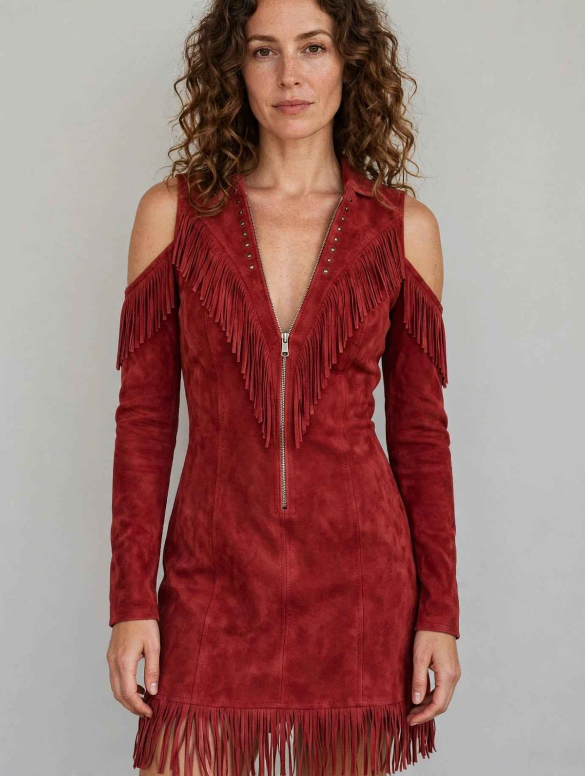 Retro Western Slim Fit Wrap Dress with Tassel, Zipper Front, Fringe & V-Neck