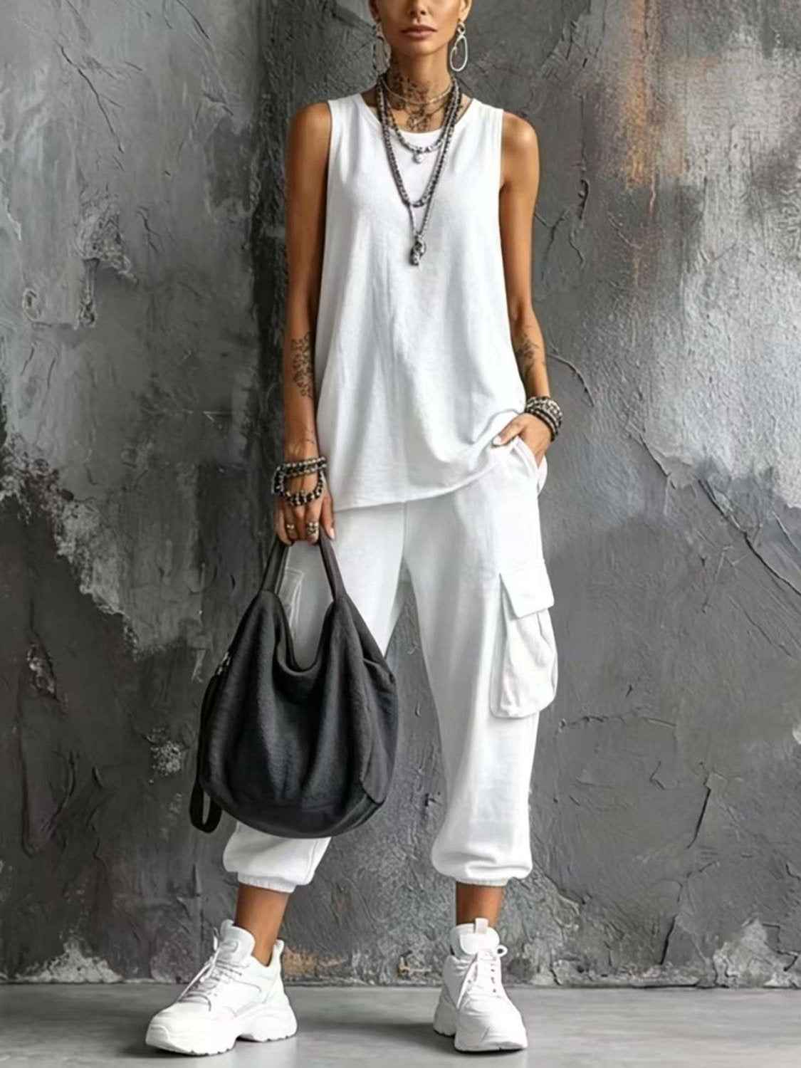 Womens Sleeveless Top Ankle-Fit Pants Set