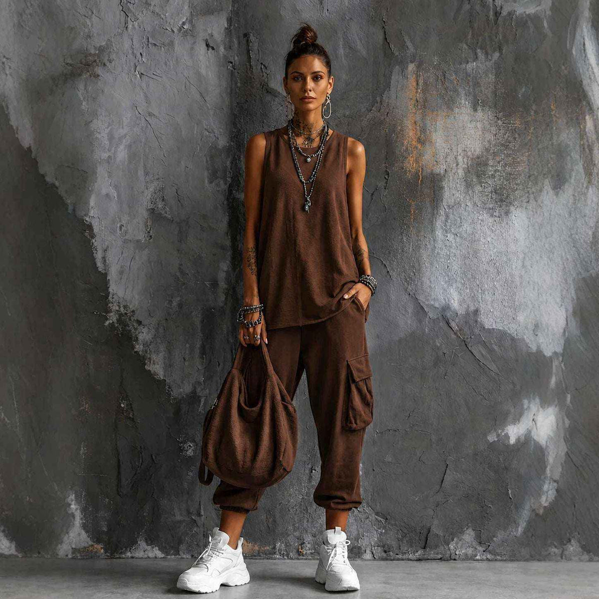 Womens Sleeveless Top Ankle-Fit Pants Set