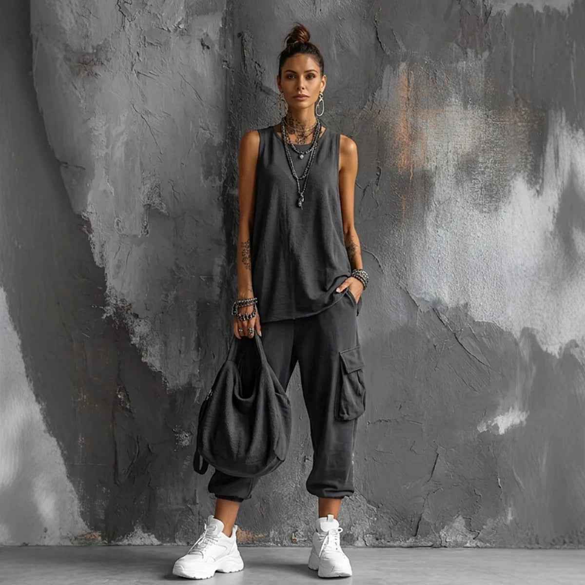 Womens Sleeveless Top Ankle-Fit Pants Set